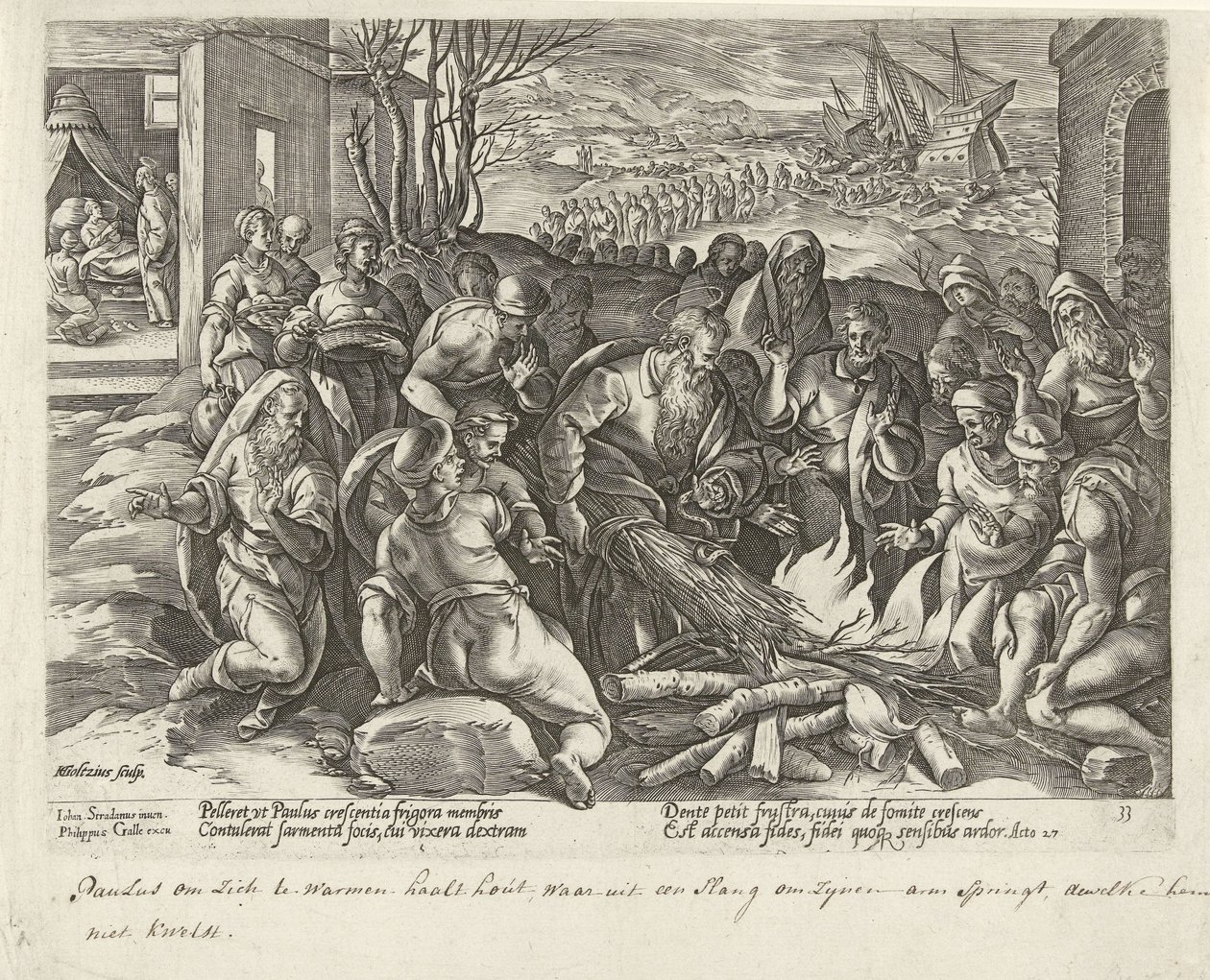 Kyykäärme puree Paulia Maltalla Apostolien teot (sarjan nimi) Acta Apostolorum (sarjan nimi) tekijältä Hendrick Goltzius