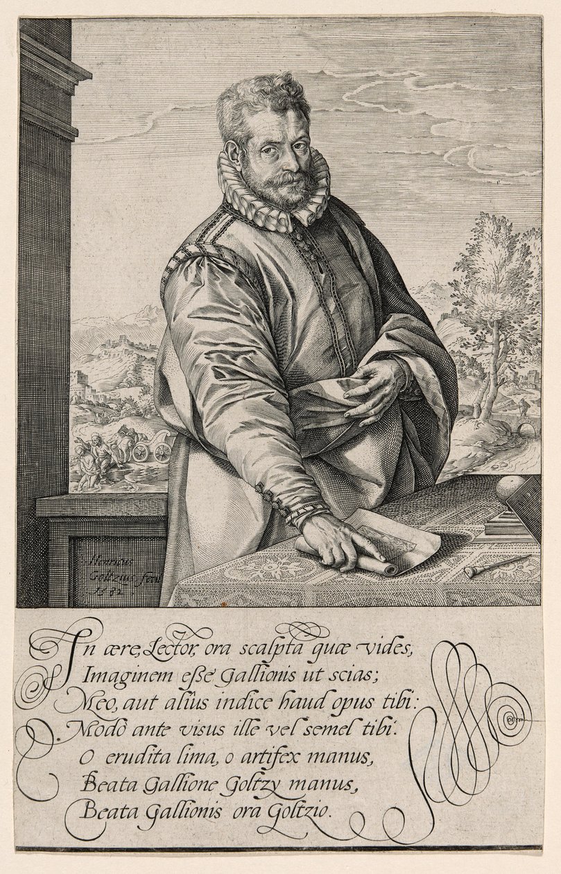 Philips Galle (1537-1612), Coornhertin oppilas Haarlemista, kaivertaja ja kustantaja Antwerpenissä vuodesta 1570; Eunukin kaste taustalla vasemmalla tekijältä Hendrick Goltzius
