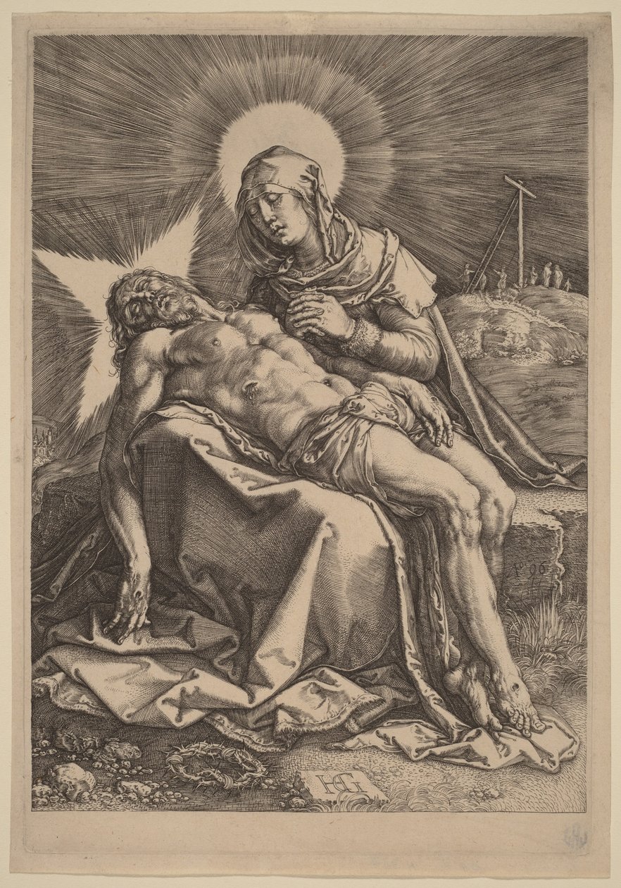Pietà (sureva Neitsyt ja kuollut Kristus hänen sylissään) tekijältä Hendrick Goltzius