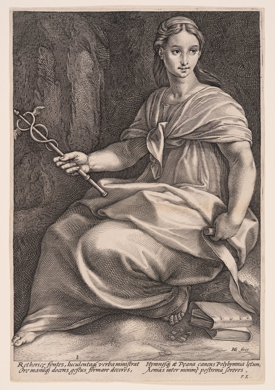 Polyhymnia, kuororunouden muusa, teoksesta The Nine Muses (Yhdeksän muusaa). tekijältä Hendrick Goltzius