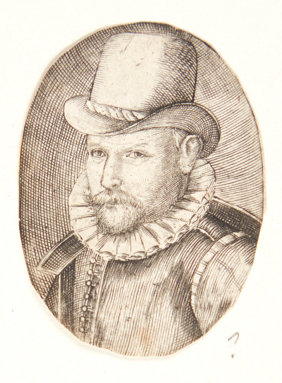 Muotokuva hattupäisestä miehestä, joka on kääntynyt vasemmalle tekijältä Hendrick Goltzius