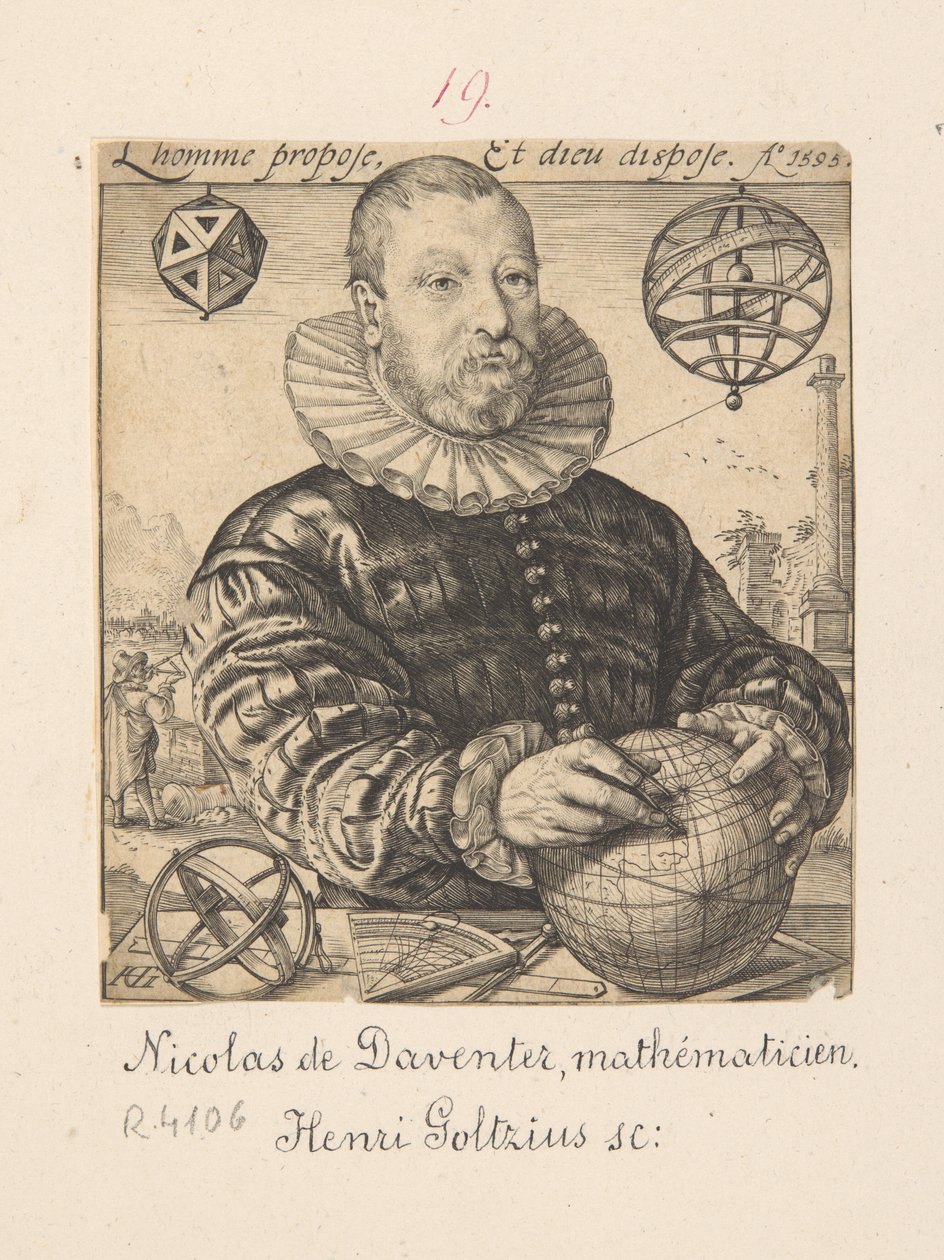 Nicolaus Petrus Daventriensisin muotokuva (oikealta nimeltään Claes Pietersz van Deventer, noin 1540-1602), matemaatikko ja tähtitieteilijä tekijältä Hendrick Goltzius