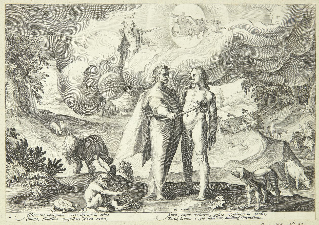 Prometheus luo ihmisen ja antaa hänelle elämän tulella taivaasta tekijältä Hendrick Goltzius