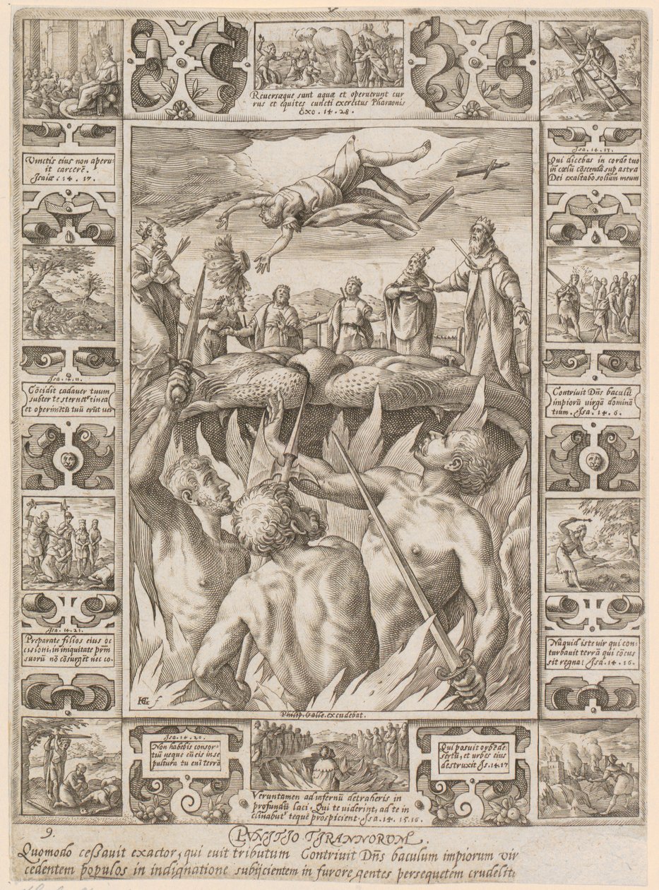 Punitio tirannorum, sarjan ”Kristillisen uskon allegoriat” sivu 9 tekijältä Hendrick Goltzius