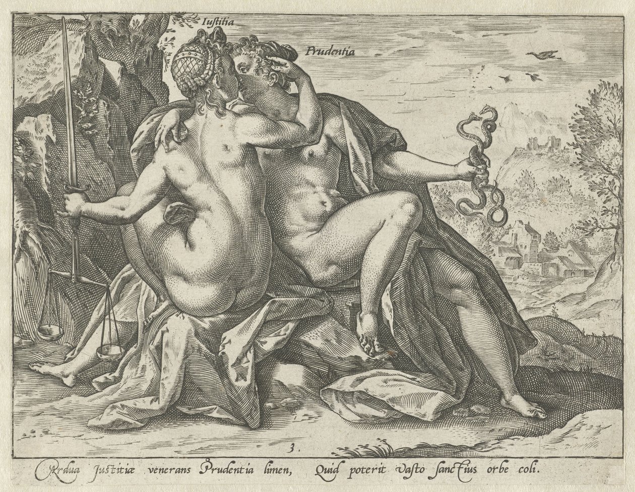 Oikeus ja varovaisuus (Justitia / Prudentia) Yhteiset hyveet (sarjan nimi) tekijältä Hendrick Goltzius