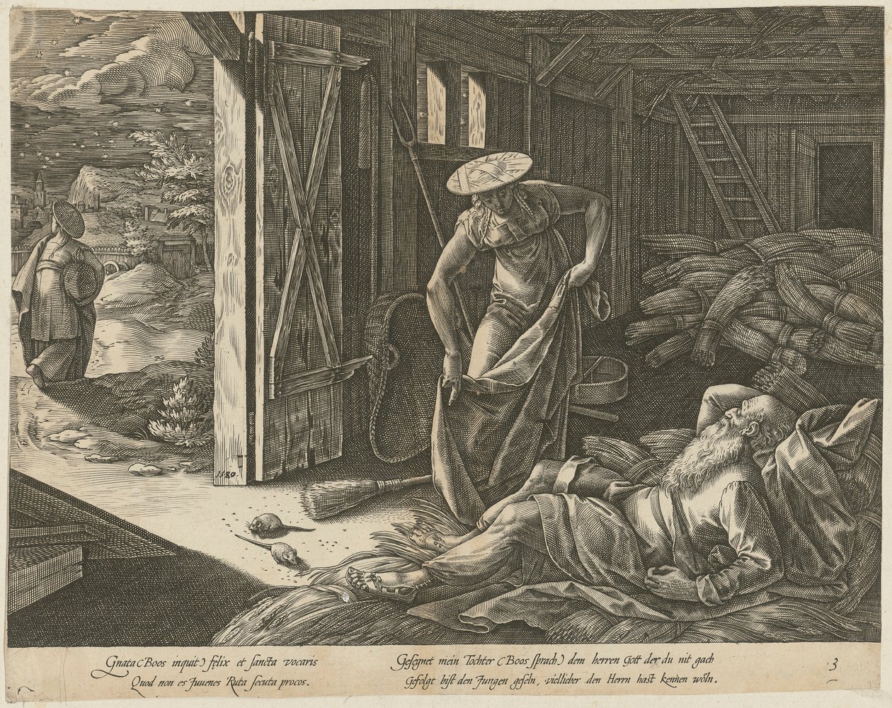Ruth ja Boas aittahuoneessa, sarjan ”Ruthin tarina” 3. sivu tekijältä Hendrick Goltzius
