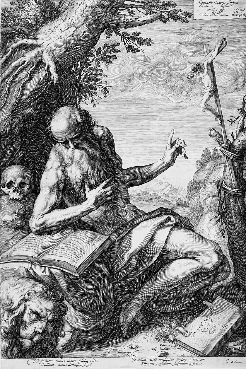 Pyhä Hieronymus autiomaassa tekijältä Hendrick Goltzius