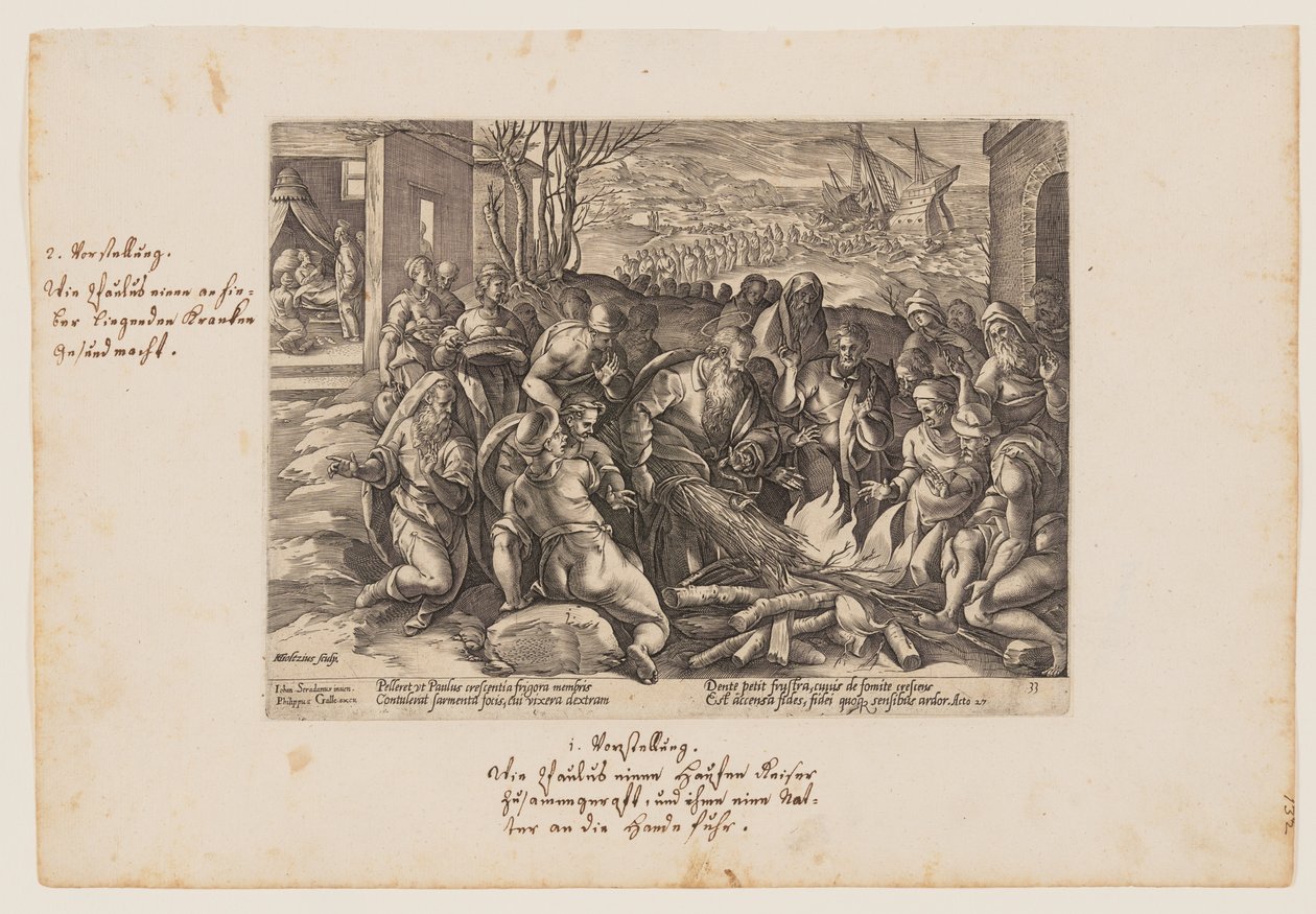 Pyhä Paavali kyykäärmeen puremana, Acta Apostolorum (Apostolien teot) -teoksesta. tekijältä Hendrick Goltzius