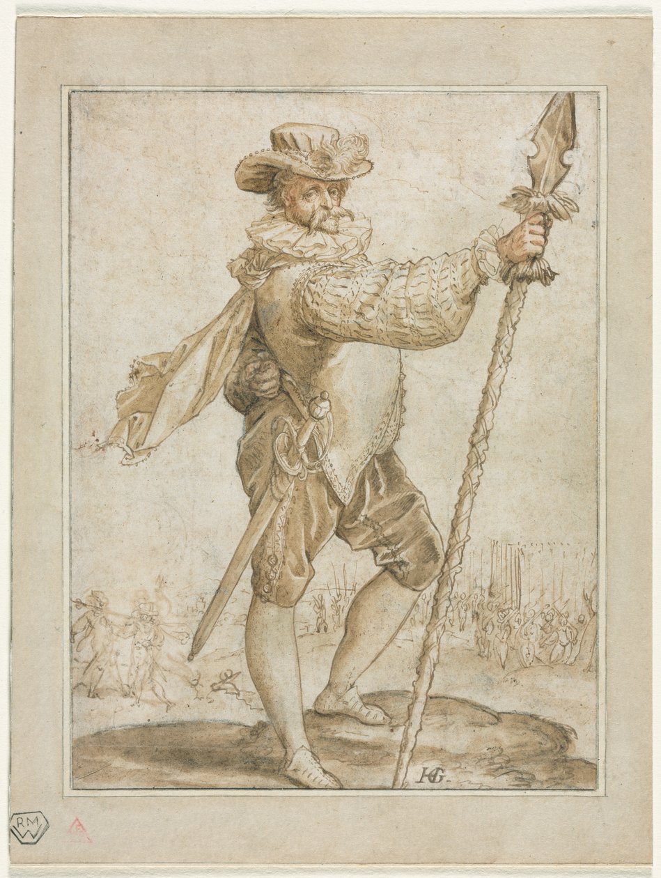 Pysyvä upseeri pitelee villisian keihästä tekijältä Hendrick Goltzius