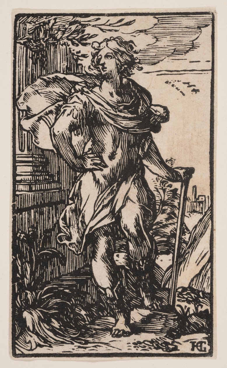 Seisova nuori mies kepin kanssa tekijältä Hendrick Goltzius