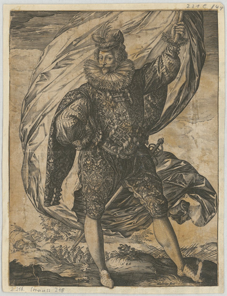 Seisova lipunkantaja, pää kääntyneenä vasemmalle tekijältä Hendrick Goltzius