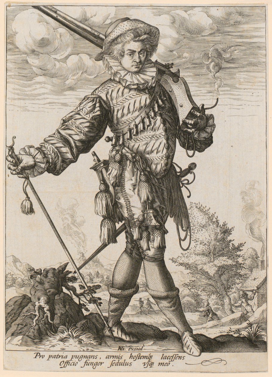 Seisova palkkasotilas, jolla on musketti ja keihäs tekijältä Hendrick Goltzius