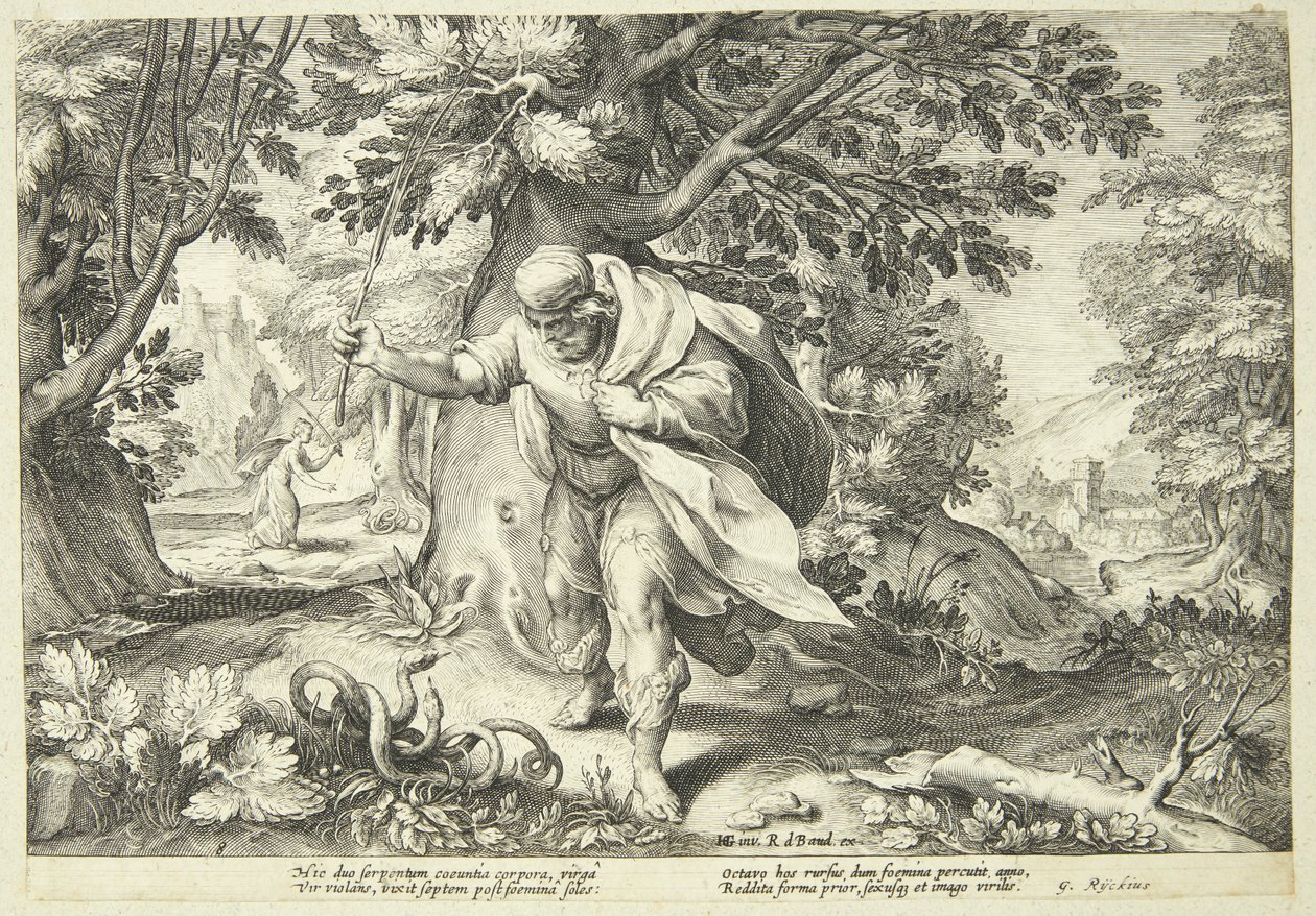 Teiresias iskee sauvallaan kahta parittelevaa käärmettä tekijältä Hendrick Goltzius