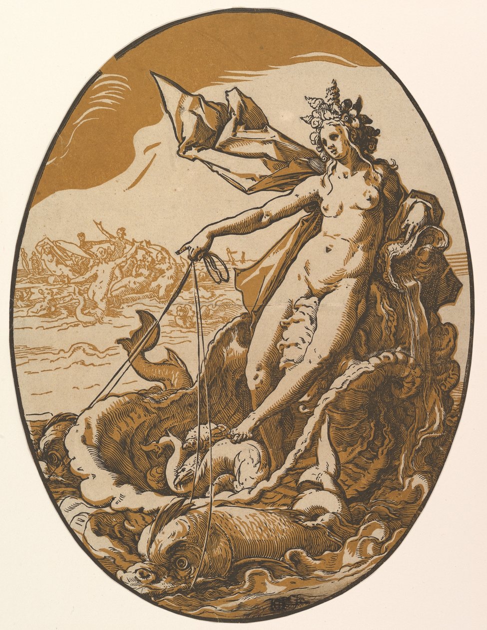 Tethys lepäämässä kahden meriolennon vetämissä jättiläismäisissä simpukkavaunuissa, teoksesta "The Deities" tekijältä Hendrick Goltzius