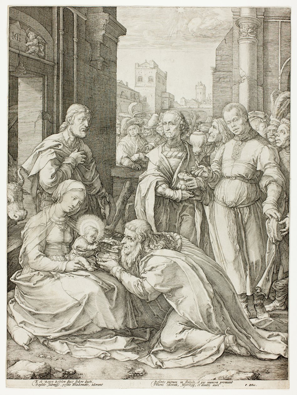 The Adoration of the Magi, levy viisi kirjasta The Birth and Early Life of Christ tekijältä Hendrick Goltzius
