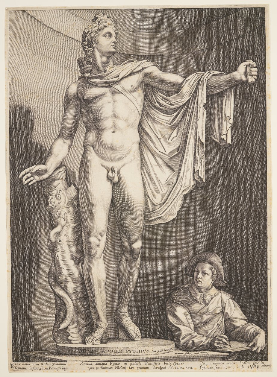 Belvederen Apollo, kolmesta kuuluisasta antiikkipatsaasta Roomassa tekijältä Hendrick Goltzius