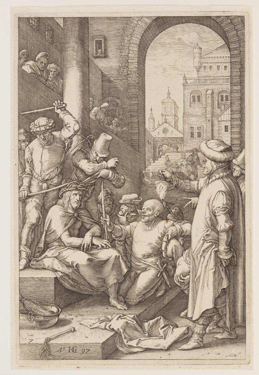 Kruunaaminen orjantappuroilla, elokuvasta The Passion (Passio) tekijältä Hendrick Goltzius