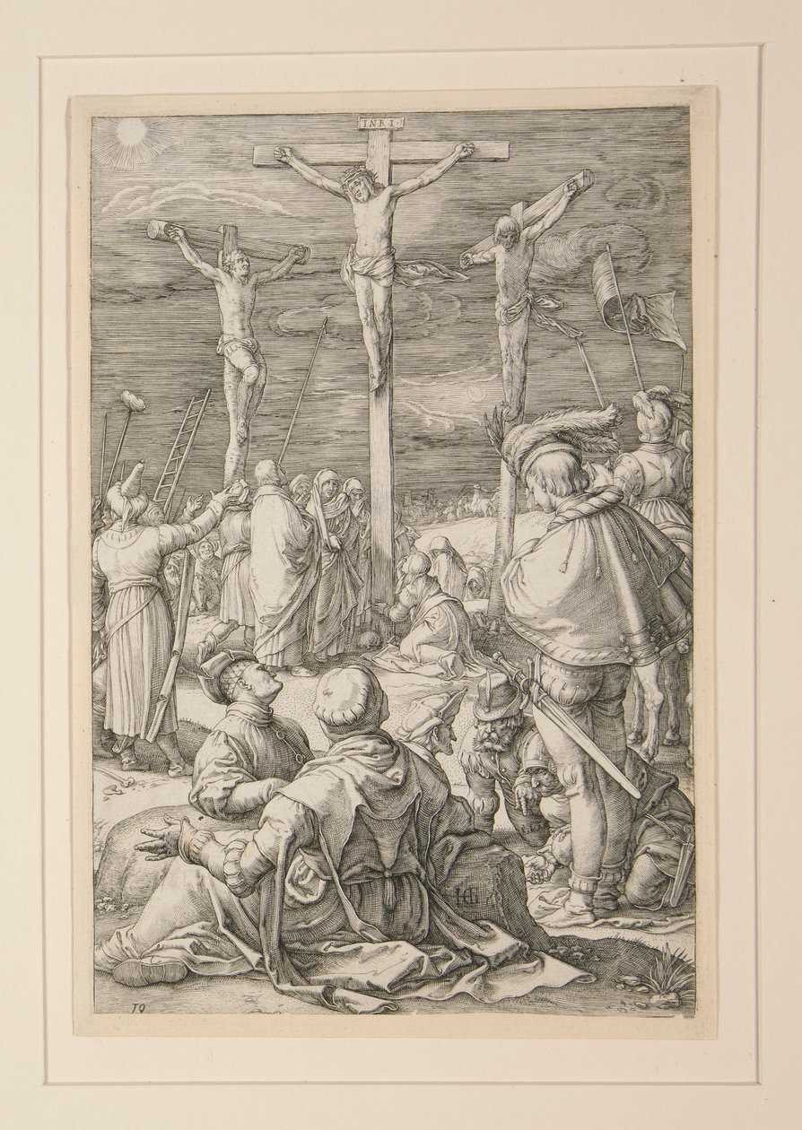 Ristiinnaulitseminen (Kristus ristillä), Passiosta, numero 10 12 kaiverruksen sarjassa tekijältä Hendrick Goltzius