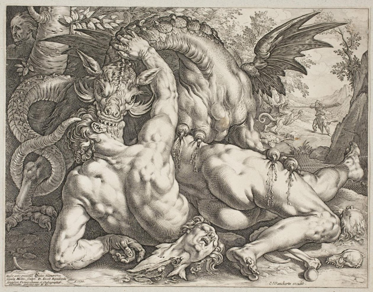 Lohikäärme nielemässä Kadmuksen tovereita tekijältä Hendrick Goltzius