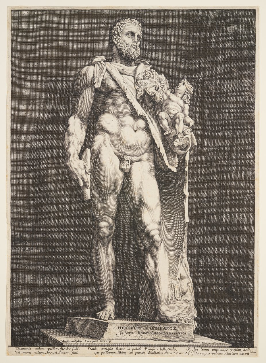 Keisari Commodus Herkuleksena, kolmesta kuuluisasta antiikkipatsaasta Roomassa. tekijältä Hendrick Goltzius