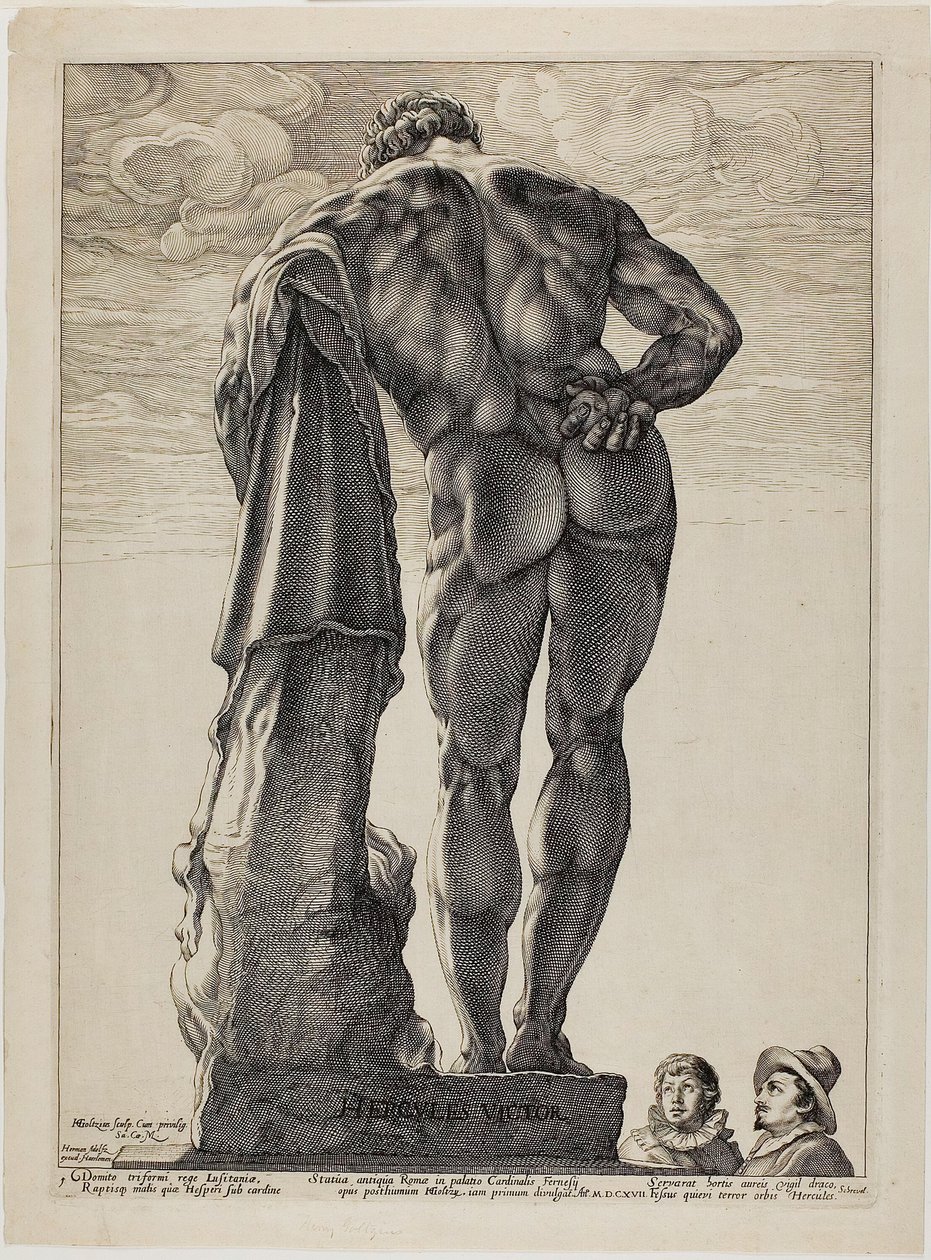 Farnesian Hercules, yksi levy kolmelta kuuluisalta antiikkiveistokselta tekijältä Hendrick Goltzius