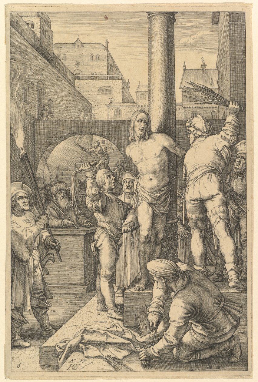 Ruoskiminen, sarjasta "Kristuksen kärsimys" tekijältä Hendrick Goltzius