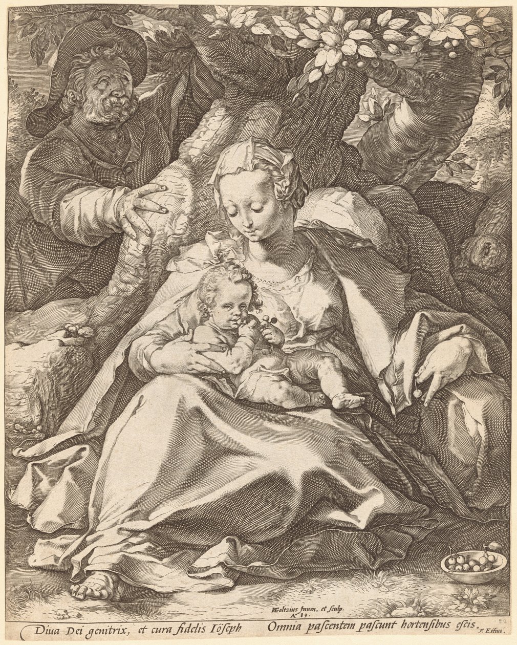 Pyhä perhe kirsikkapuun alla tekijältä Hendrick Goltzius
