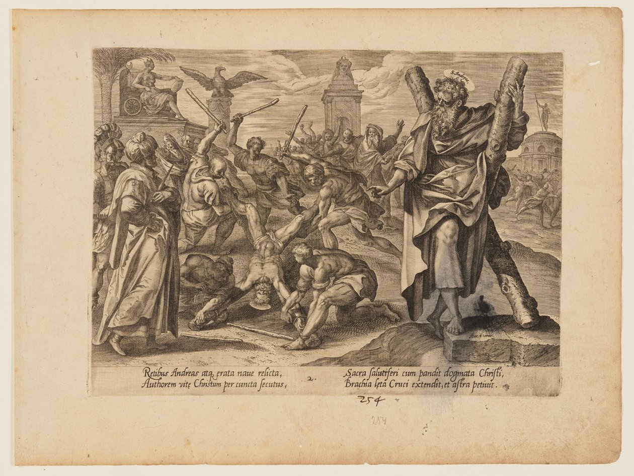 Pyhän Andreaksen marttyyrikuolema, Kristuksen ja apostolien marttyyrikuolemasta. tekijältä Hendrick Goltzius