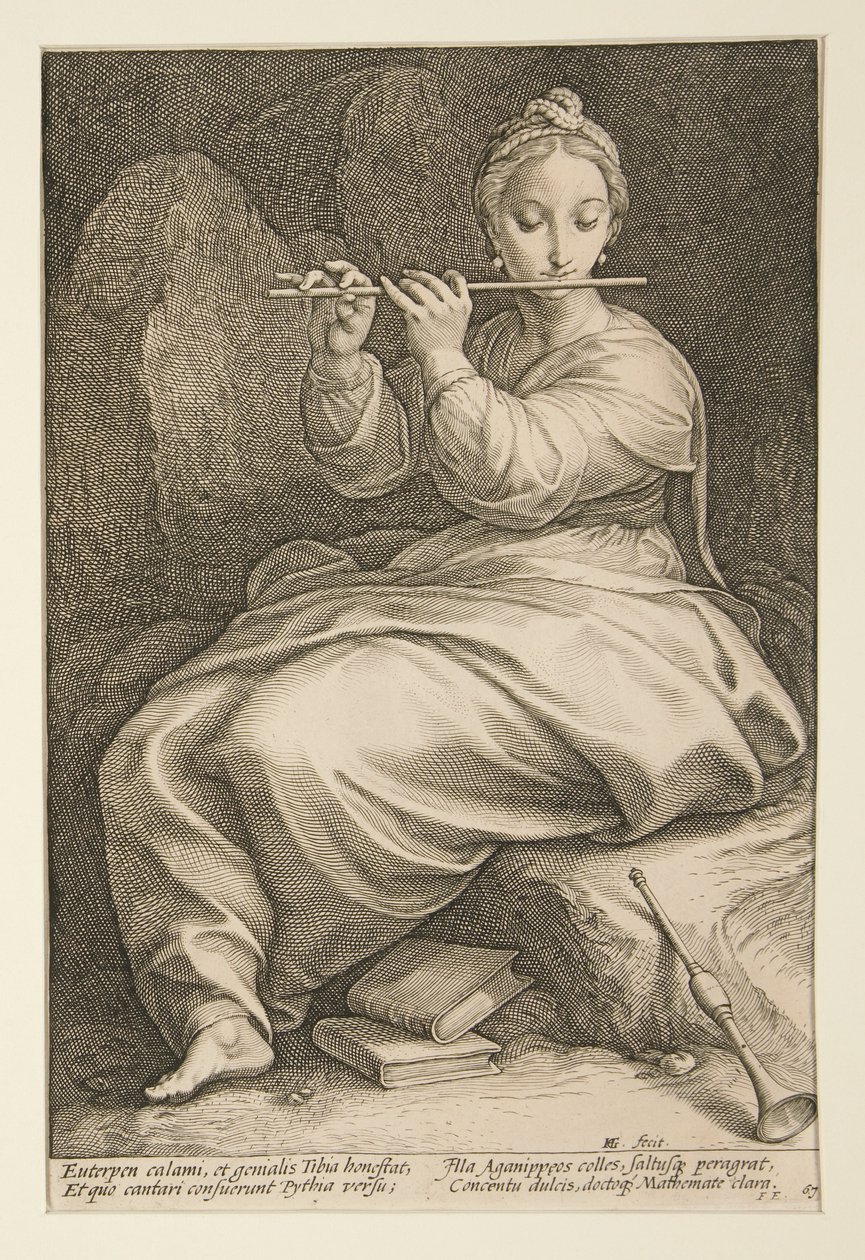 Yhdeksän muusaa: Euterpe, 6. yhdeksän kappaleen sarjassa tekijältä Hendrick Goltzius