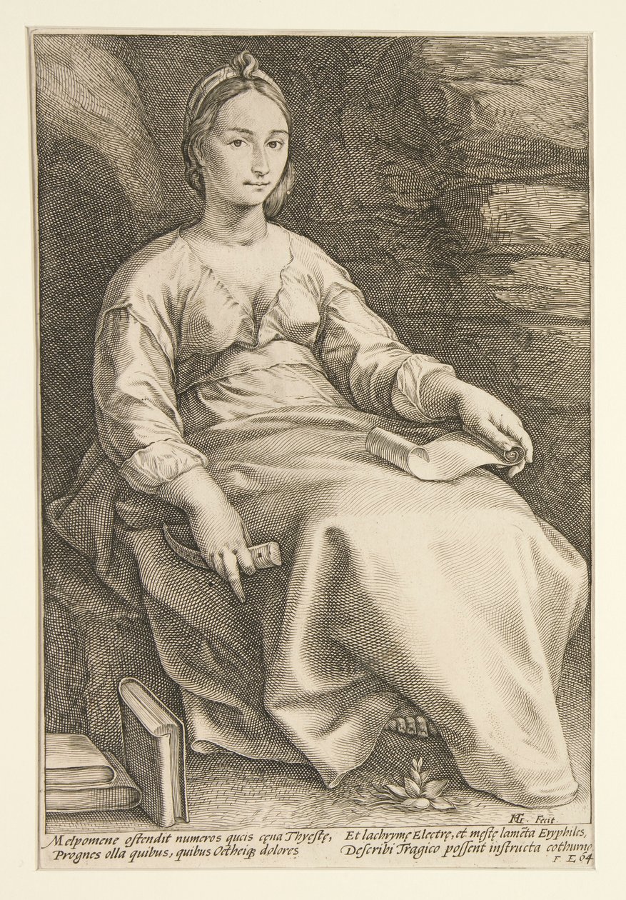 Yhdeksän muusaa: Melpomene, 3. yhdeksän kappaleen sarjassa tekijältä Hendrick Goltzius