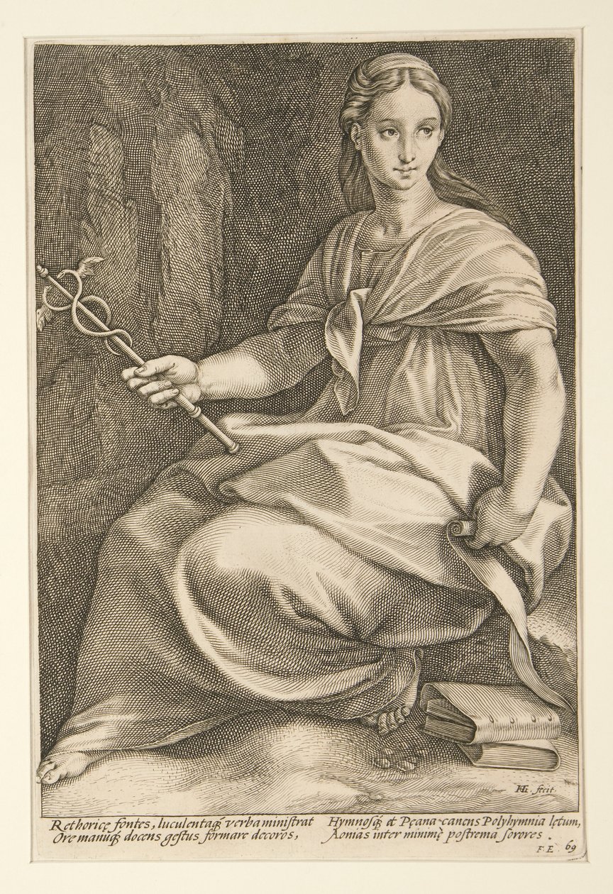 Yhdeksän muusaa: Polyhymnia, 8. yhdeksän kappaleen sarjassa tekijältä Hendrick Goltzius