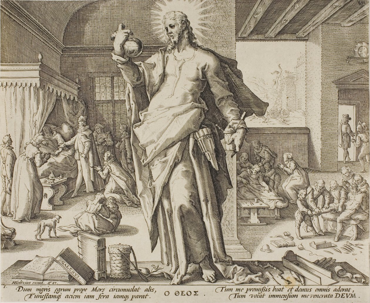 Lääkäri, jota pidetään Jumalana, levy yksi lääketieteen ammatin vertauksista. tekijältä Hendrick Goltzius