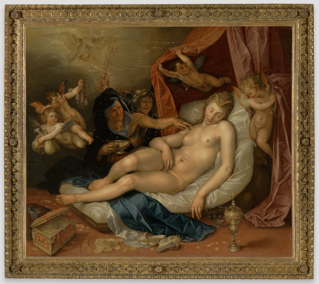 Nukkuvaa Danaëa valmistellaan Jupiteria varten tekijältä Hendrick Goltzius