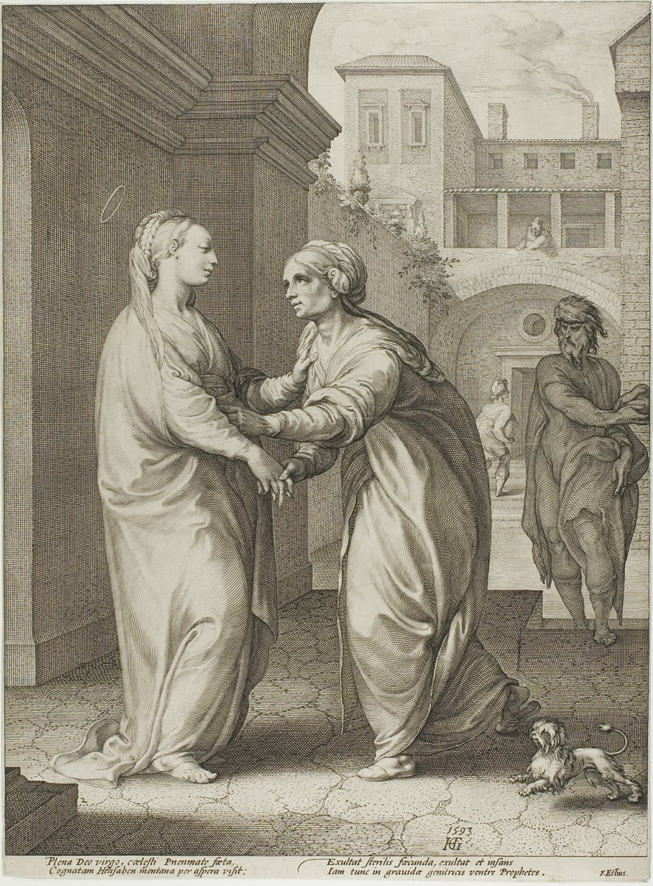 Kristuksen syntymä ja varhainen elämä -teoksen toinen levy, The Visitation, plate two. tekijältä Hendrick Goltzius