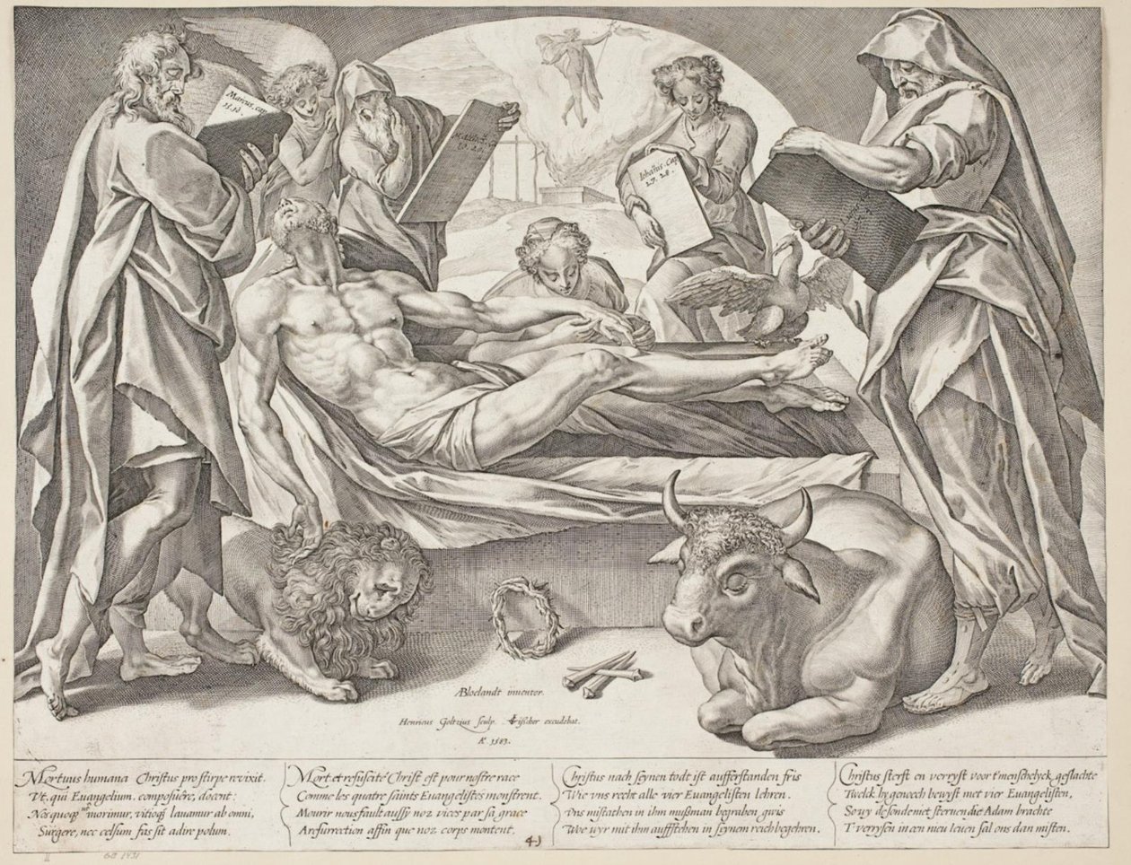 Kuollut Kristus ja neljä evankelistaa tekijältä Hendrick Goltzius