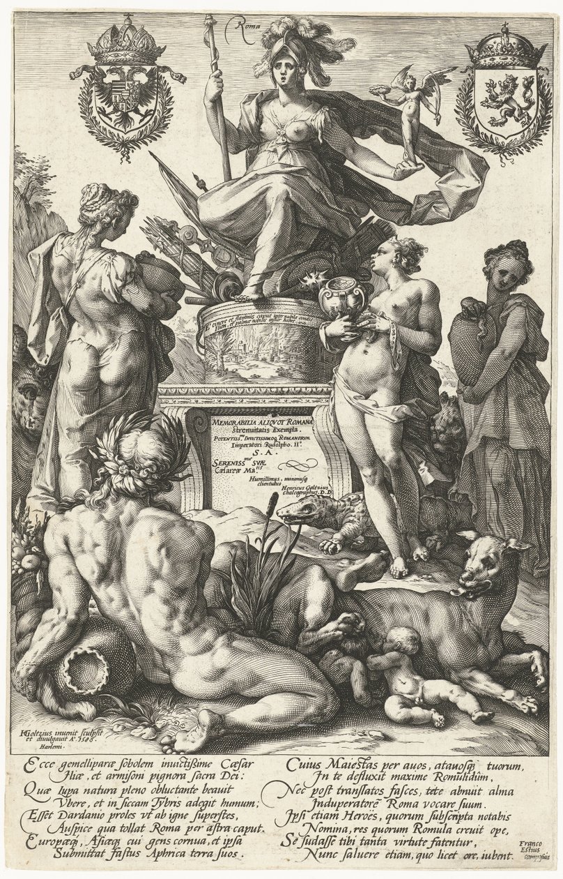 Printtisarjan The Roman Heroes otsikkoprintti Roma (otsikko esineessä) The Roman Heroes (sarjan nimi) tekijältä Hendrick Goltzius