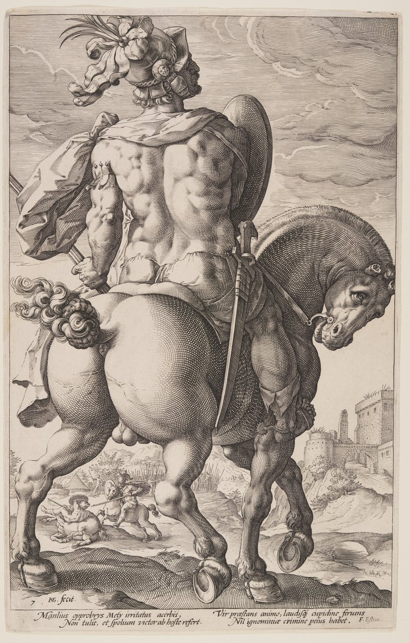 Titus Manlius hevosen selässä, roomalaisista sankareista. tekijältä Hendrick Goltzius