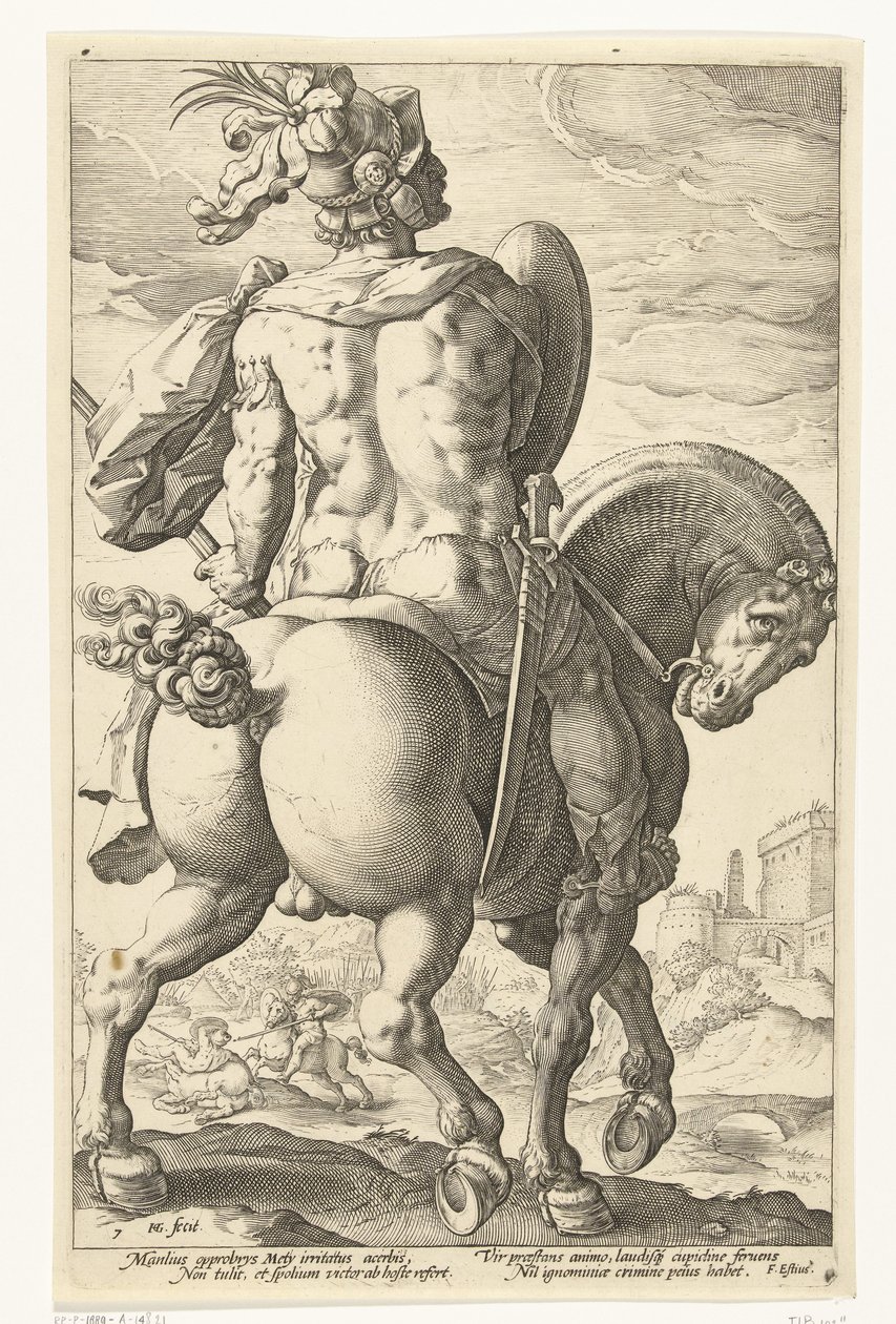 Titus Manlius hevosen selässä The Roman Heroes (sarjan nimi) tekijältä Hendrick Goltzius