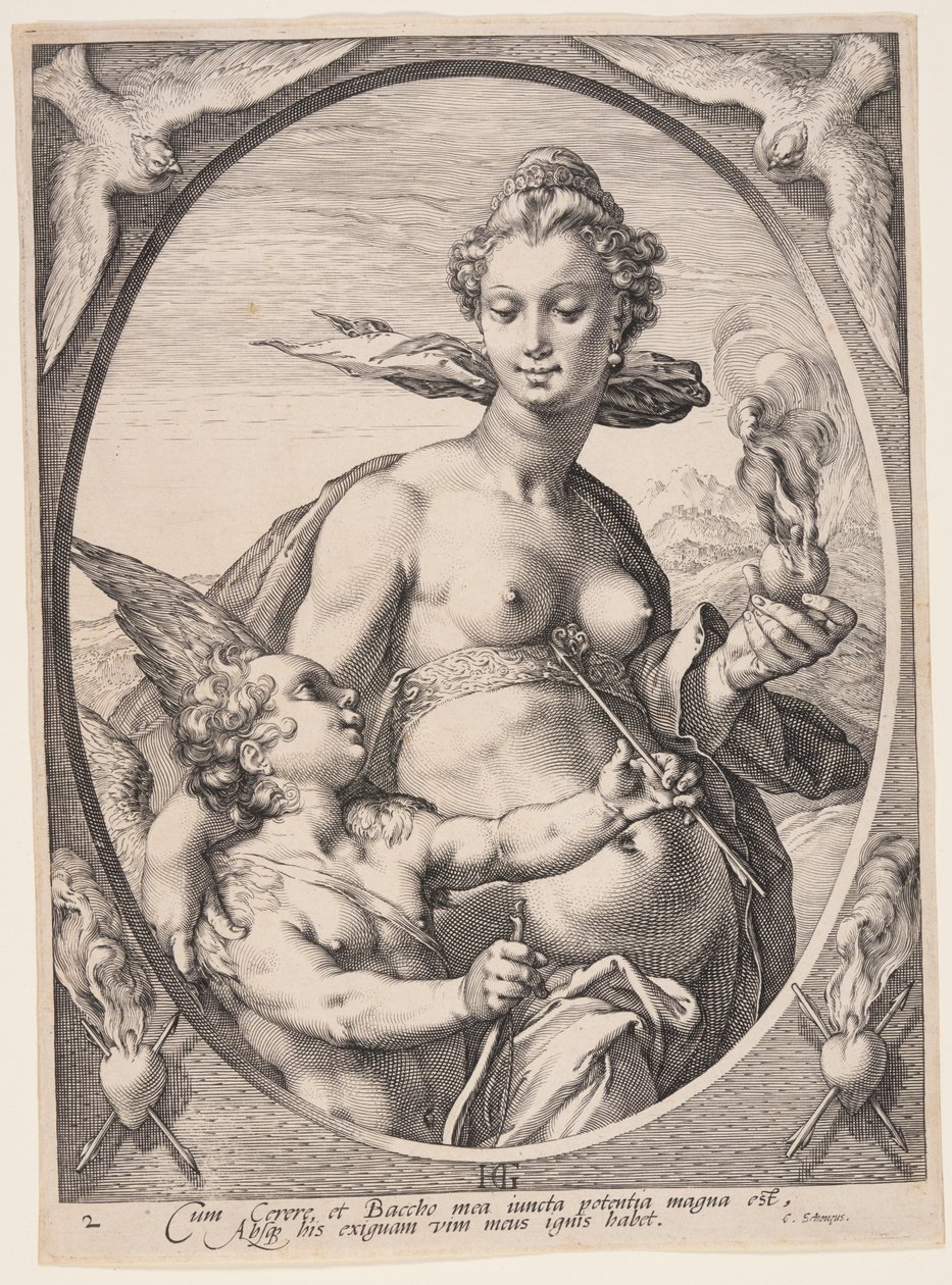 Venus ja Amor, kolmesta pakanallisesta jumalasta tai jumalattaresta. tekijältä Hendrick Goltzius
