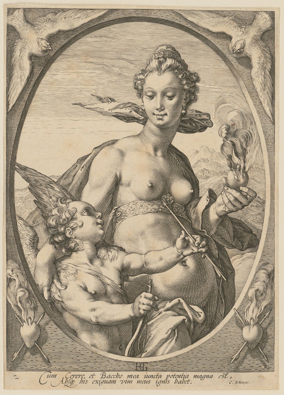 Venus ja Amor, sarjan ”Bacchus, Venus ja Ceres” 2. arkki tekijältä Hendrick Goltzius