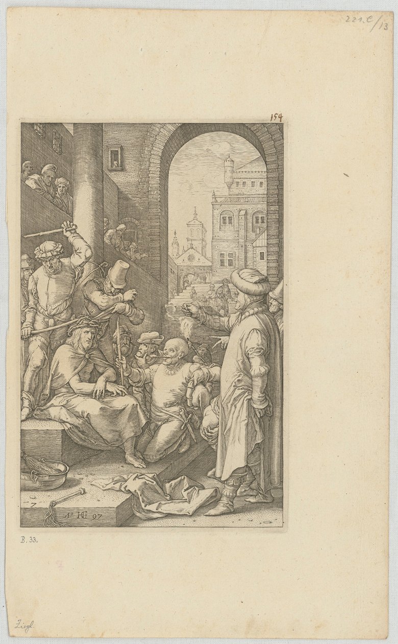 Kristuksen pilkkaaminen, sarjan ”Die Passion” 7. sivu tekijältä Hendrick Goltzius