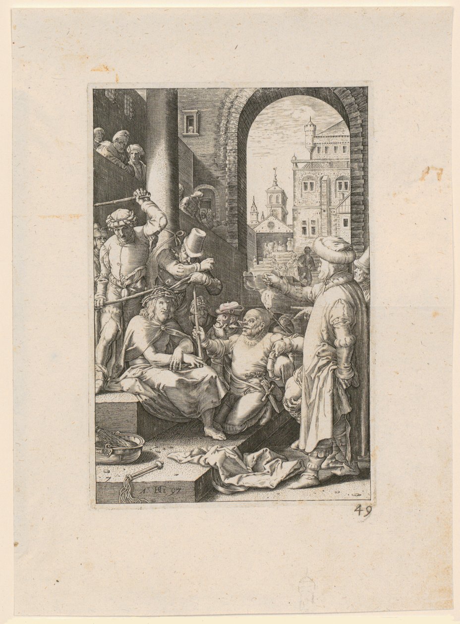 Kristuksen pilkkaaminen, sarjan ”Die Passion” 7. sivu tekijältä Hendrick Goltzius