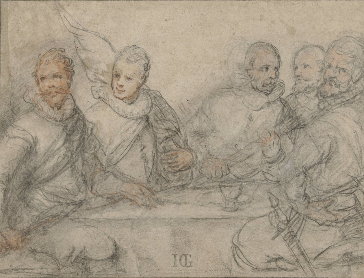 Viisi upseeria, opiskele pyssymiesten ateriaa varten. tekijältä Hendrick Goltzius