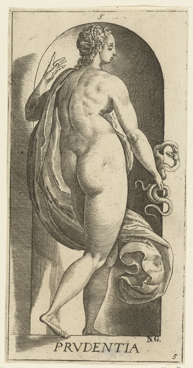 Varoitus Prudentia (otsikko esineessä) Seitsemän hyvettä (sarjan nimi) tekijältä Hendrick Goltzius