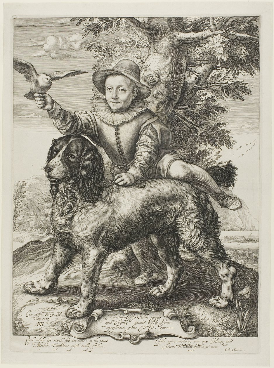 Vries, Frederik de (kuoli 1613) taidemaalari Dirck de Vriesin poika, Goltziuksen oppilas, Goltziuksen koiran kanssa. tekijältä Hendrick Goltzius