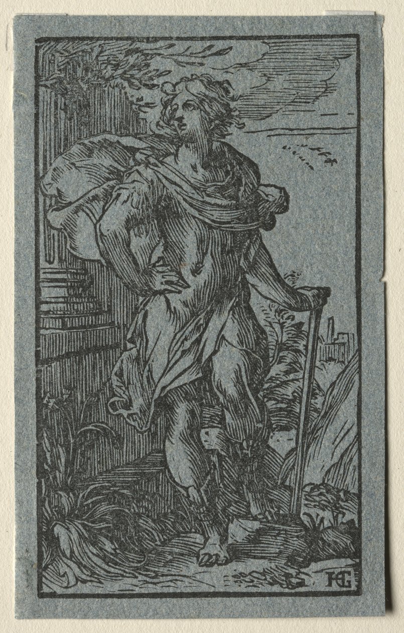 Nuori mies seisoo kepin kanssa tekijältä Hendrick Goltzius