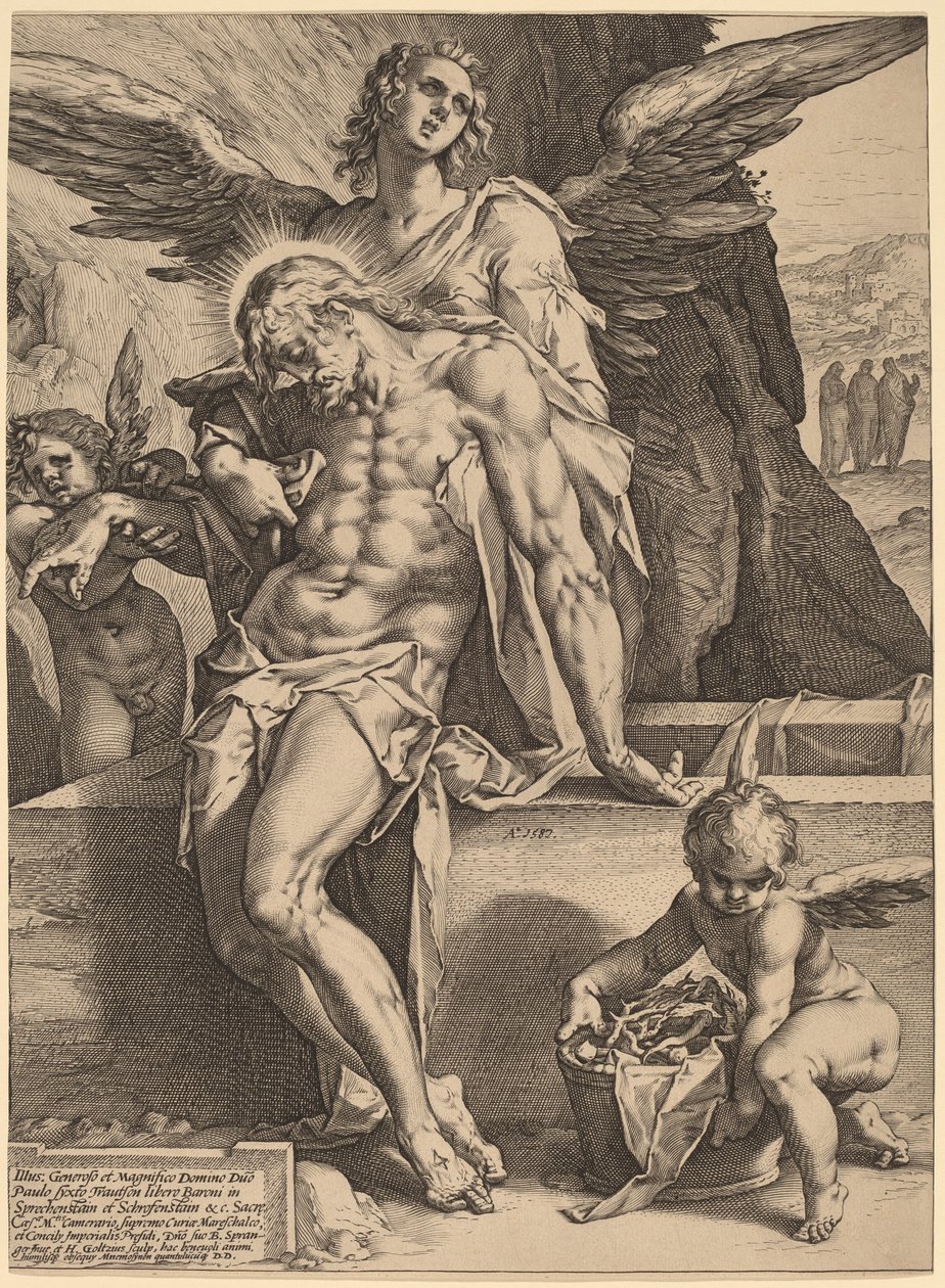 Enkeleiden tukema Kristuksen ruumis tekijältä Hendrick Goltzius, after Bartholomaeus Spranger