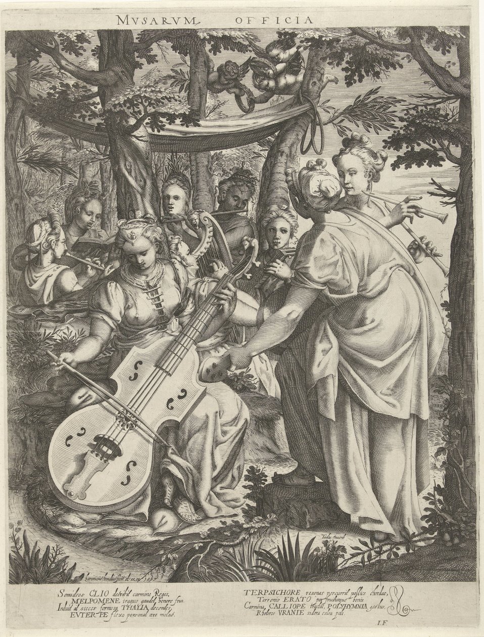 Konsertti van de muzen op de Parnassus Musien toimistot (nimi esineessä) tekijältä Hendrick Hondius (I)