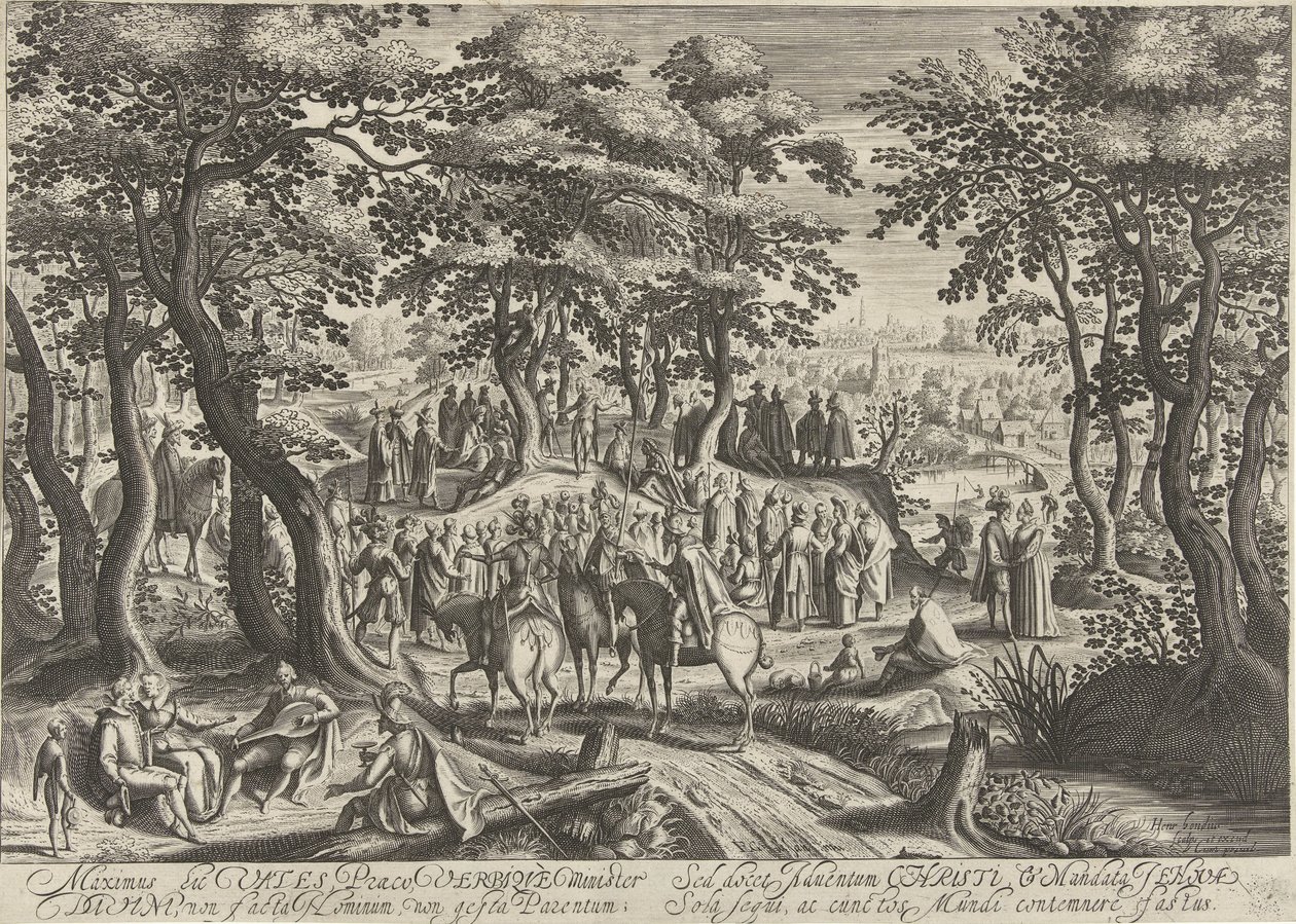 Johannes Kastaja saarnaa väkijoukolle tekijältä Hendrick Hondius (I)