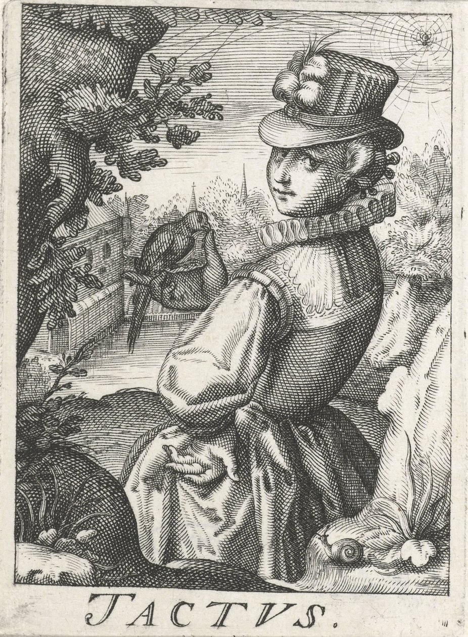 Tunne (Tactus), nainen linnun kanssa Tactus (otsikko esineessä) Viisi aistia (sarjan nimi) tekijältä Hendrick Hondius (rejected attribution)